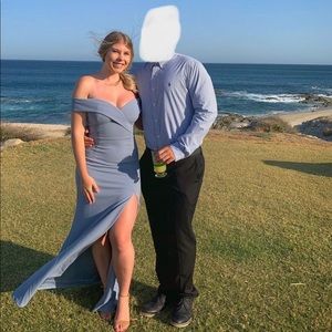 Lulu’s Song of Love Blue Grey Off Shoulder Dress